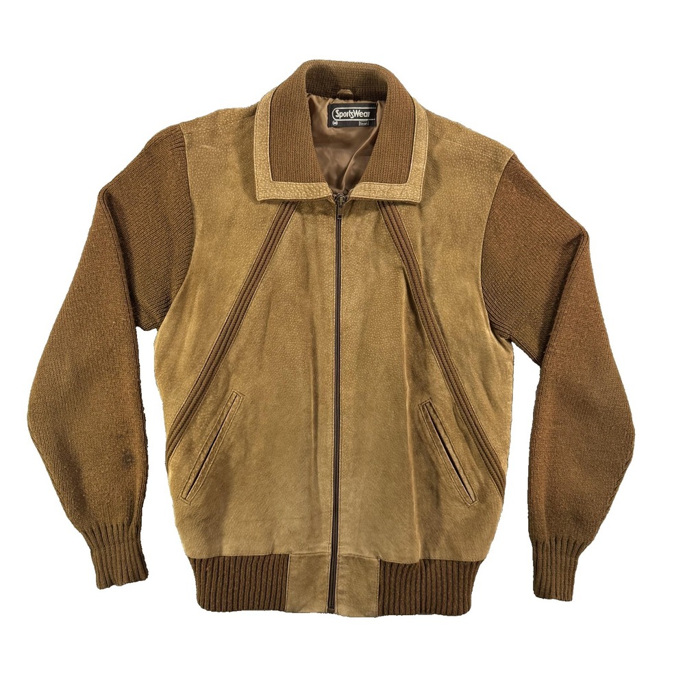 Vintage Sears Jacket Mens Medium Brown Suede Knit Sleeve Bomber Sportswear Retro
